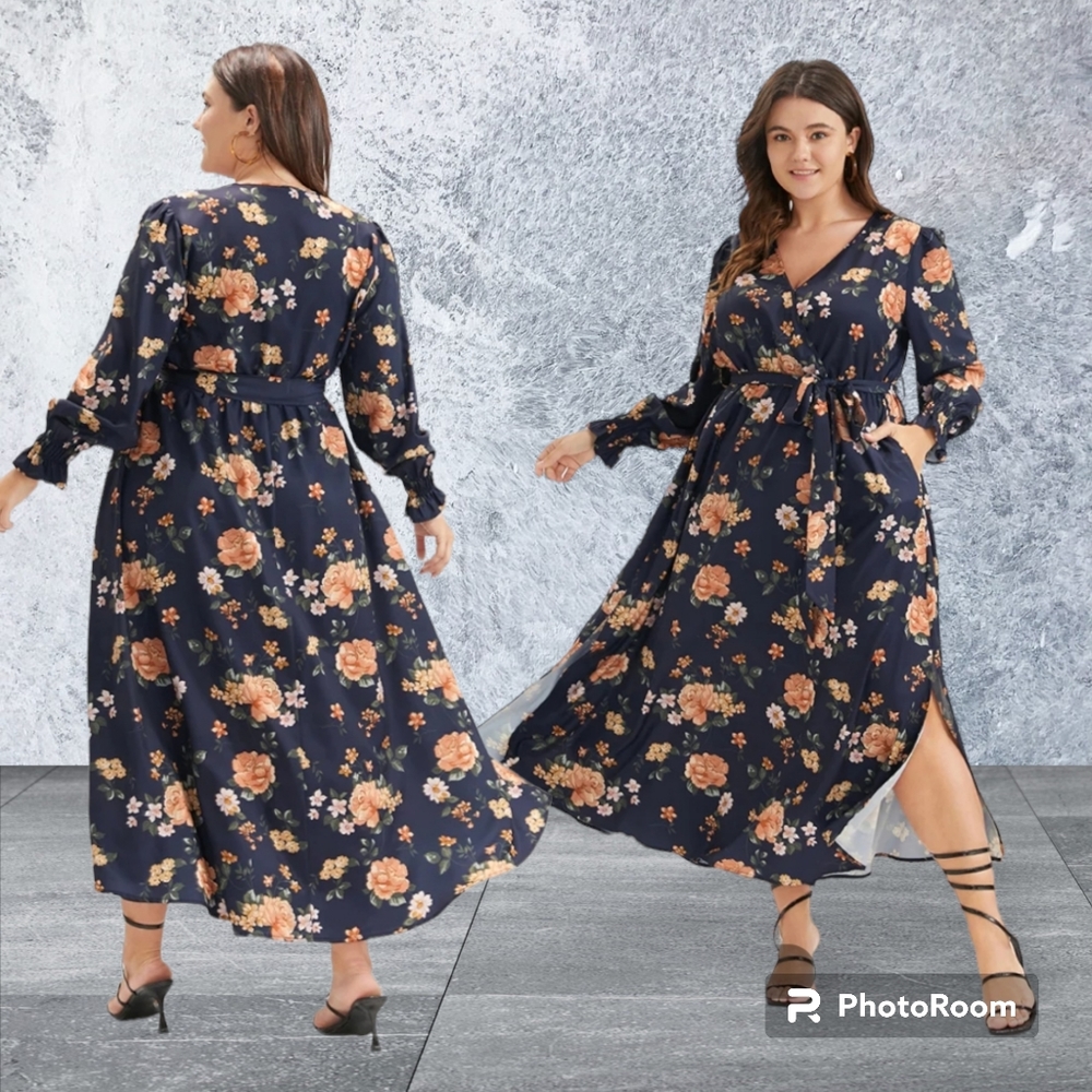 Floral Print Pocket Wrap Belted Split Ruffle Dress